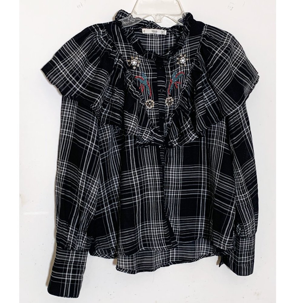 Plaid Ruffle Blouse + Mango + Black and White + Size 2